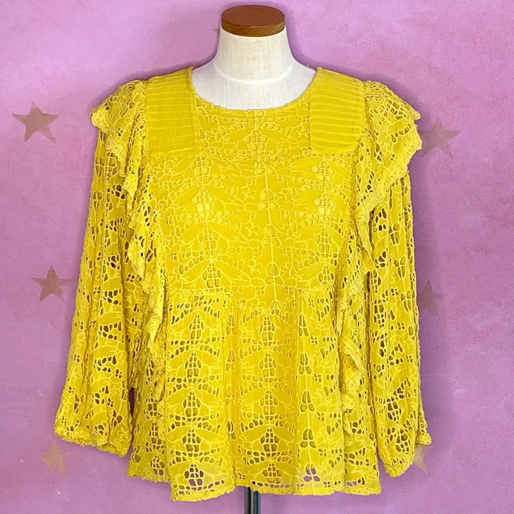 Anthropologie Clementine Blouse Eyelet Ruffle Pullover Puffed Sleeve Top Size 8